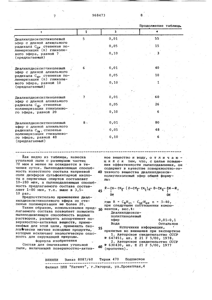 Состав для смачивания угольной пыли (патент 968473)