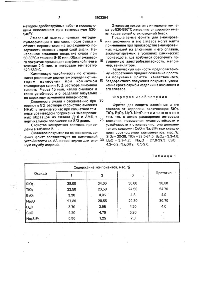 Фритта для защиты алюминия и его сплавов от коррозии (патент 1803394)