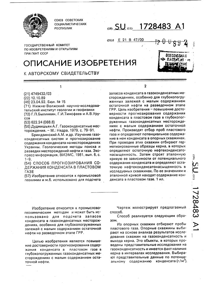 Способ прогнозирования содержания конденсата в пластовом газе (патент 1728483)