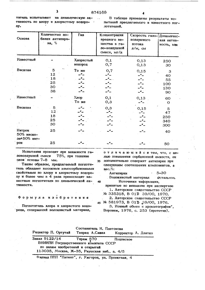 Поглотитель хлора и хлористого водорода (патент 874169)