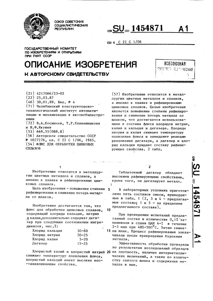 Флюс для обработки цинковых сплавов (патент 1454871)