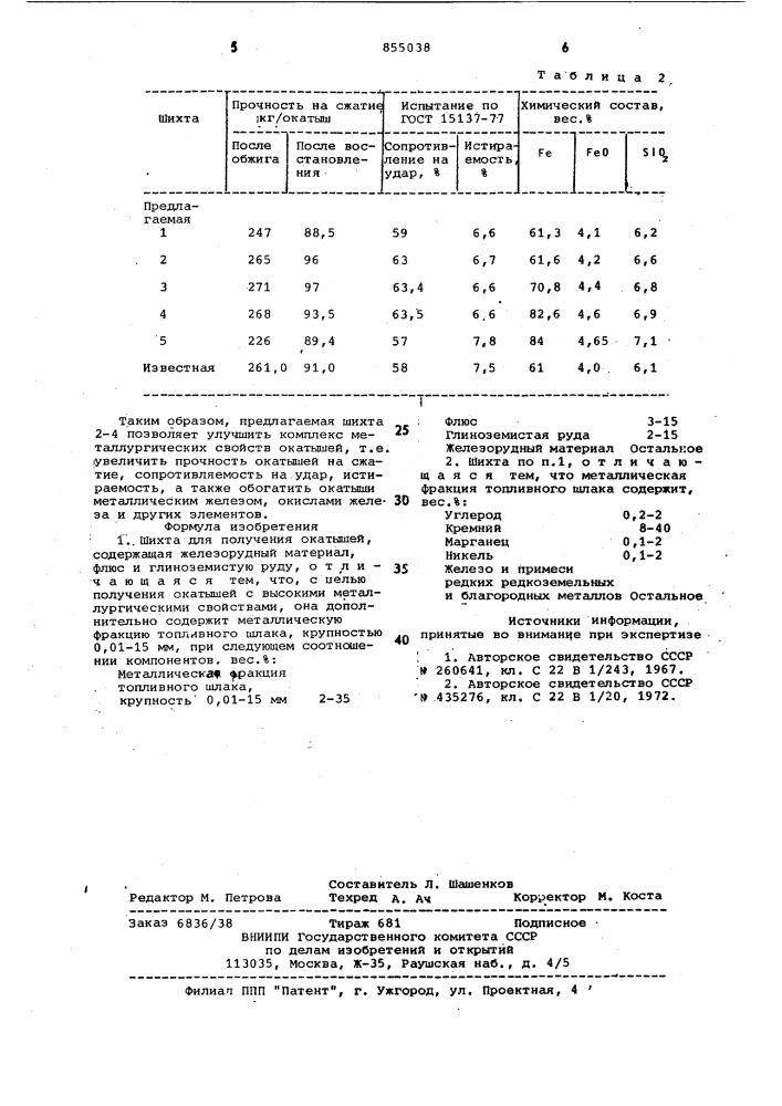 Шихта для получения окатышей (патент 855038)