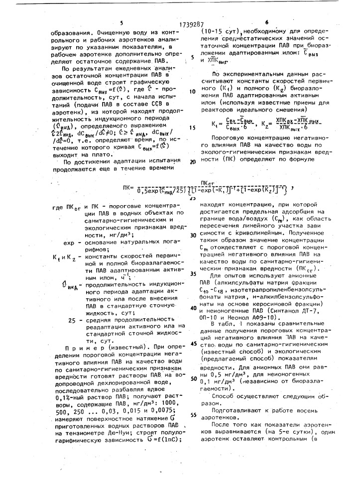 Способ определения пороговой концентрации поверхностно- активных веществ (патент 1739287)