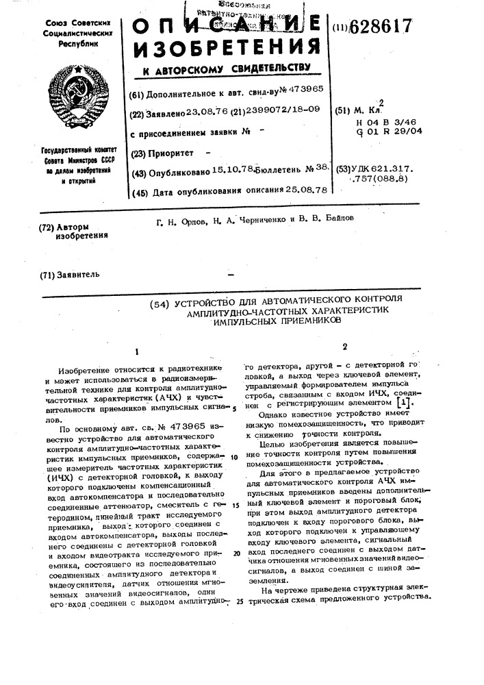 Устройство для автоматического контроля амплитудно- частотных характеристик импульсных приемников (патент 628617)