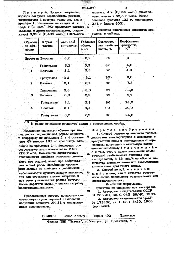 Способ получения анионита (патент 994480)