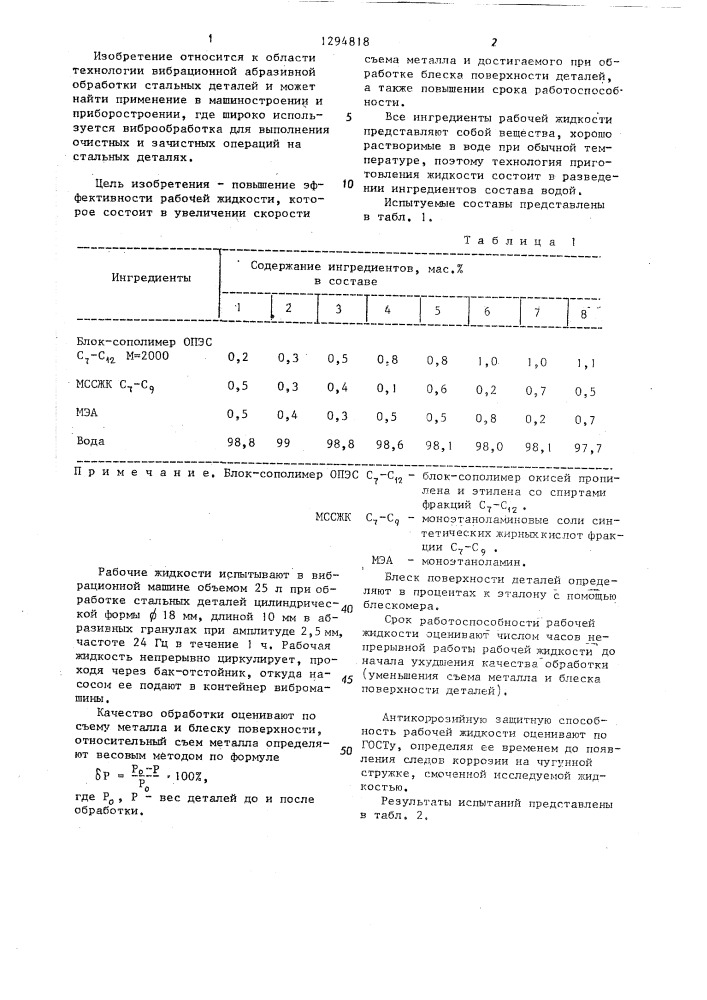 Рабочая жидкость для вибрационной абразивной обработки стальных деталей (патент 1294818)