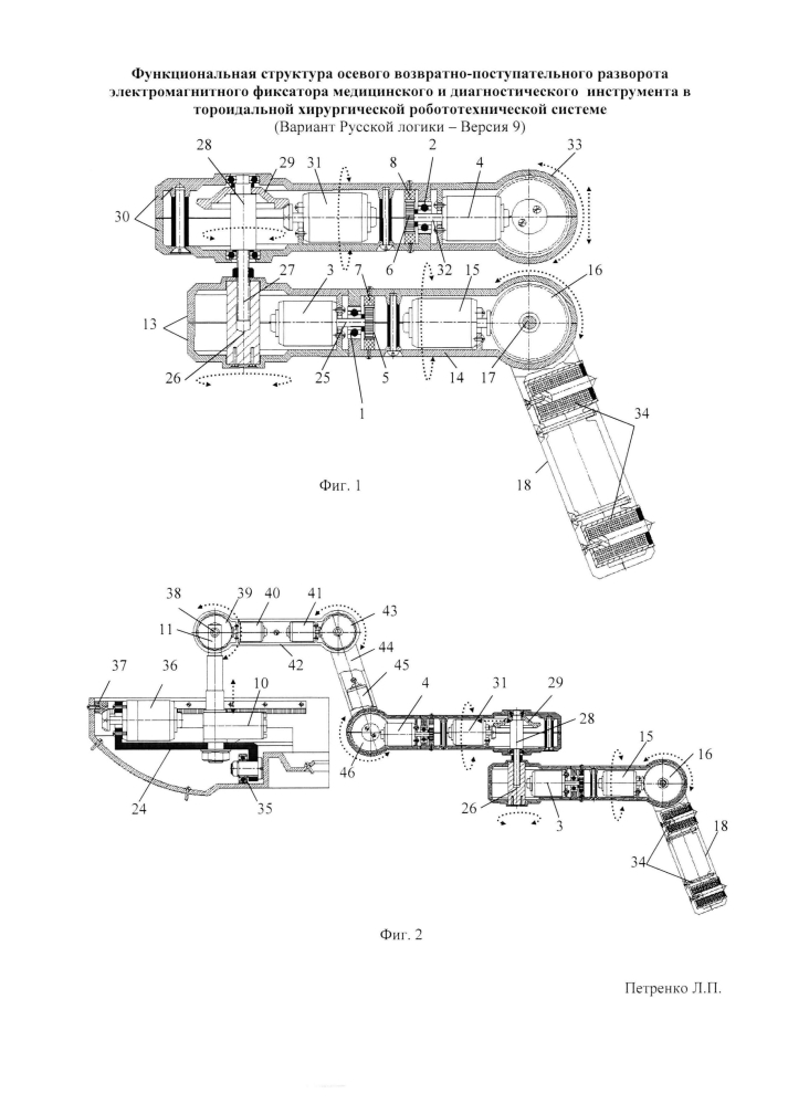 Функциональная структура осевого возвратно-поступательного разворота электромагнитного фиксатора медицинского и диагностического инструмента в тороидальной хирургической робототехнической системе (вариант русской логики - версия 9) (патент 2594472)