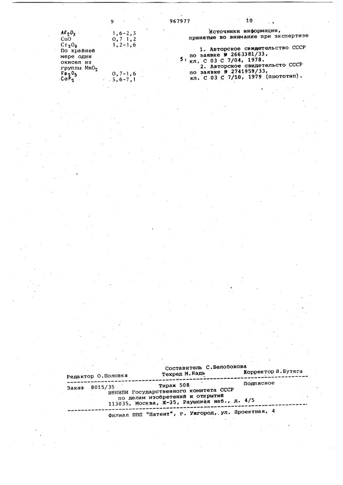 Эмалевое покрытие для меди и ее сплавов (патент 967977)