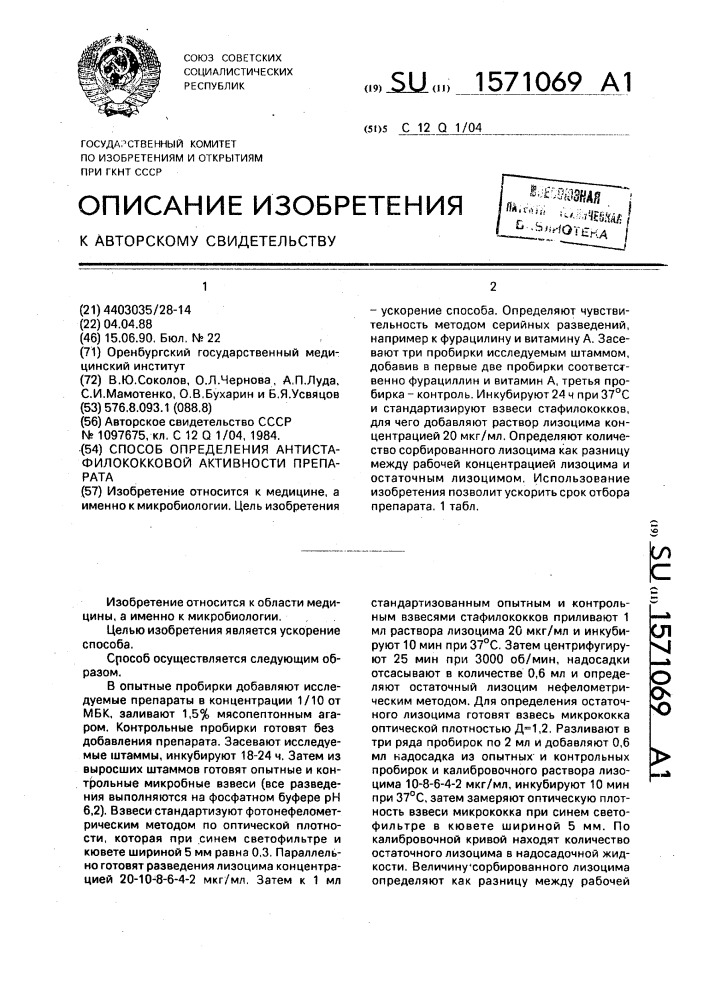 Способ определения антистафилококковой активности препарата (патент 1571069)