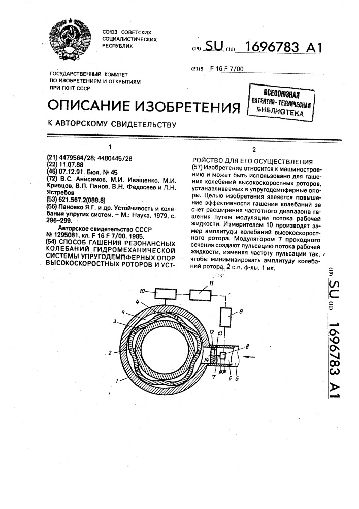 Способ гашения резонансных колебаний гидромеханической системы упругодемпферных опор высокоскоростных роторов и устройство для его осуществления (патент 1696783)