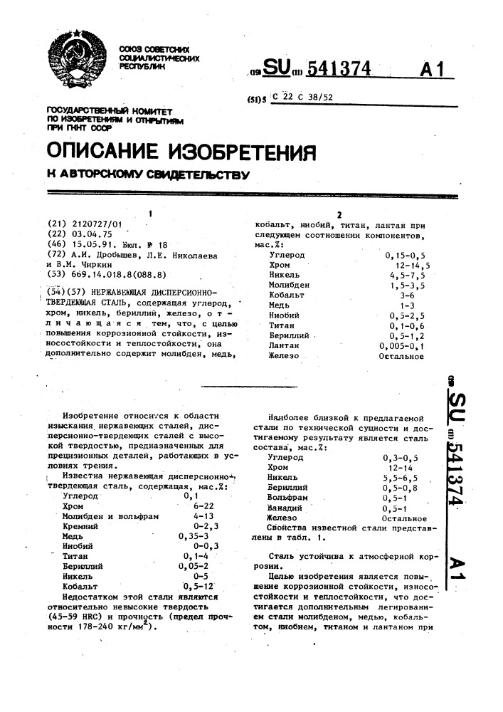 Нержавеющая дисперсионно-твердеющая сталь (патент 541374)