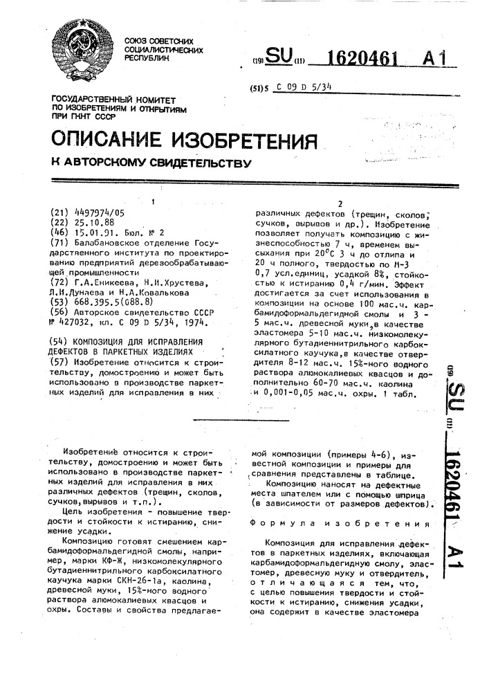 Композиция для исправления дефектов в паркетных изделиях (патент 1620461)