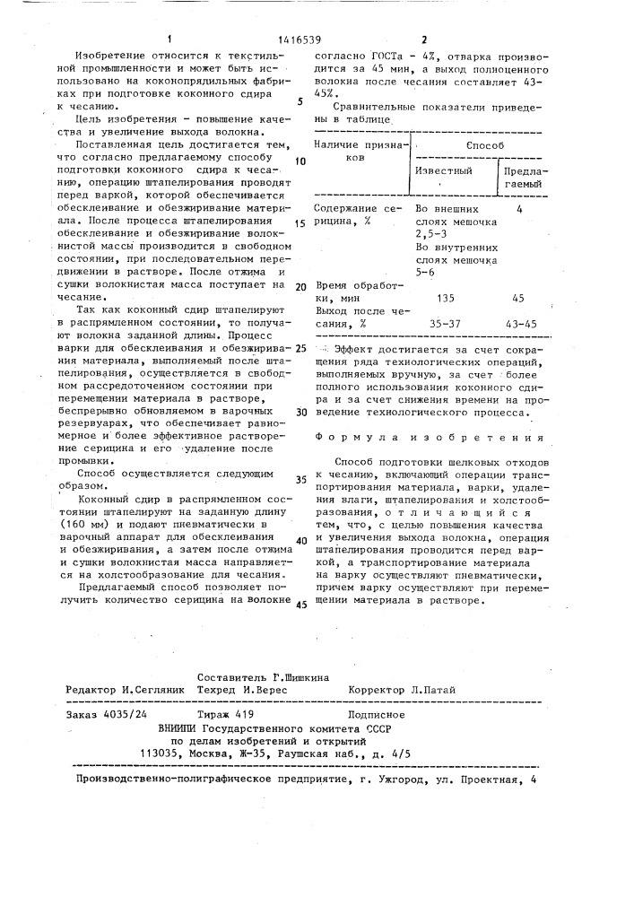 Способ подготовки шелковых отходов к чесанию (патент 1416539)