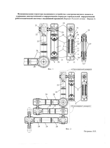 Функциональная структура выдвижного устройства электромагнитного захвата и удержания диагностических и хирургических корпусов тороидальной хирургической робототехнической системы с выдвижной крышкой (вариант русской логики - версия 3) (патент 2584875)