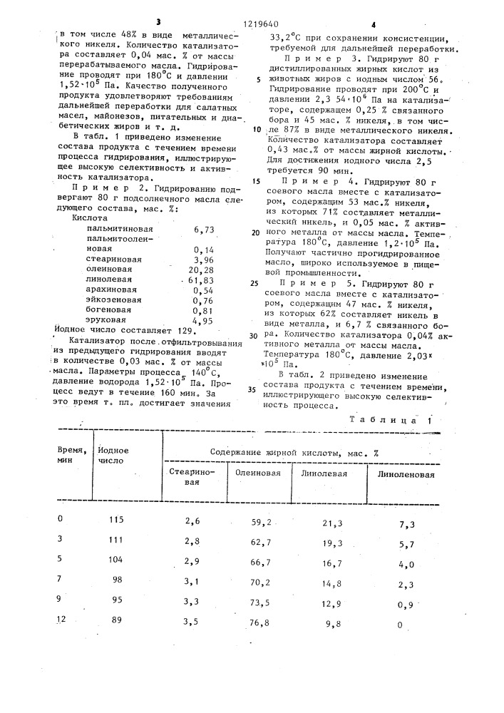 Способ гидрирования непредельных жирных кислот и их глицеридов (патент 1219640)
