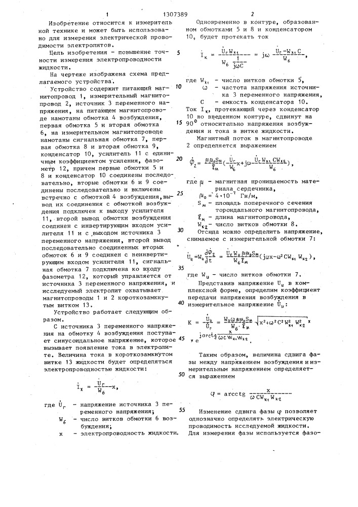 Устройство для измерения электрической проводимости жидкости (патент 1307389)