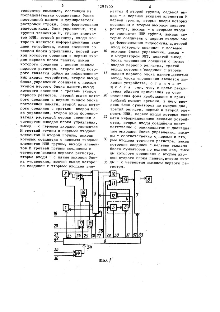 Устройство для отображения информации на экране электронно- лучевой трубки (патент 1291955)