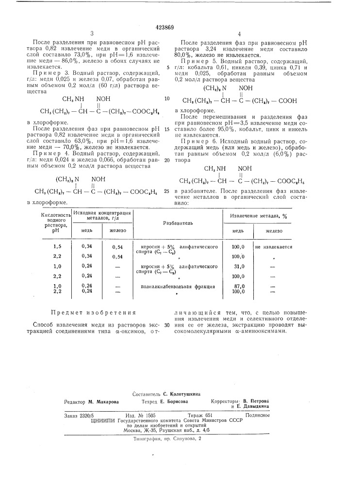 Способ извлечения меди из растворов экстракцией (патент 423869)