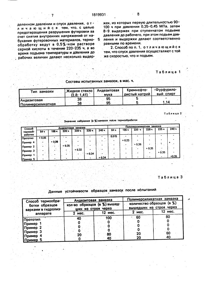 Способ термообработки кислотоупорной футеровки гидролизаппарата (патент 1819931)