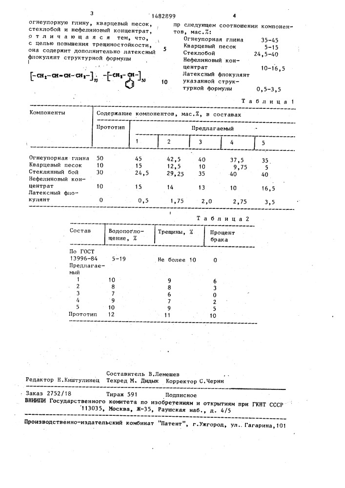 Керамическая масса для изготовления облицовочных плиток (патент 1482899)