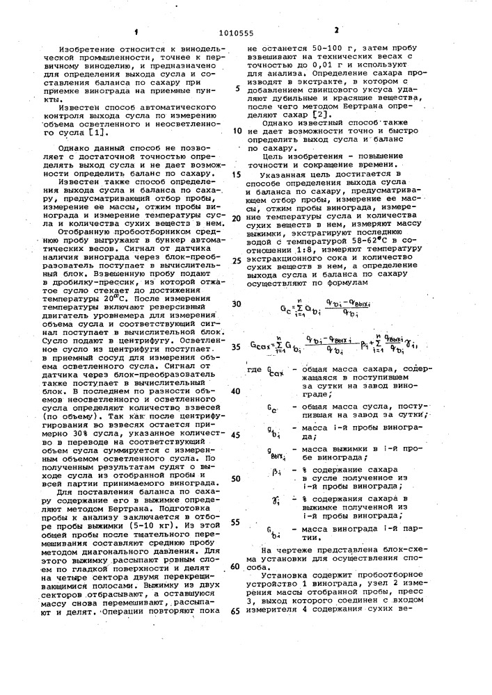 Способ определения выхода сусла и баланса по сахару (патент 1010555)