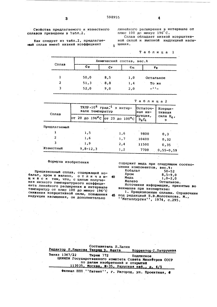 Прецизионный сплав (патент 598955)