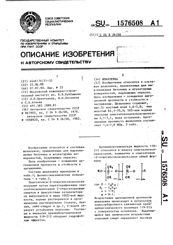 Шпаклевка (патент 1576508)