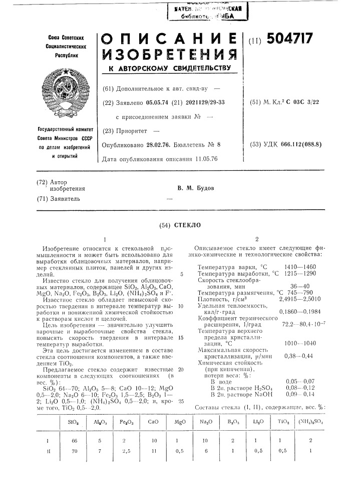 Стекло (патент 504717)