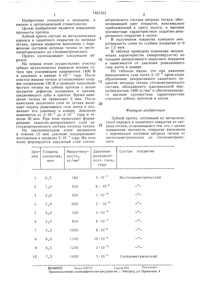 Зубной протез (патент 1421331)