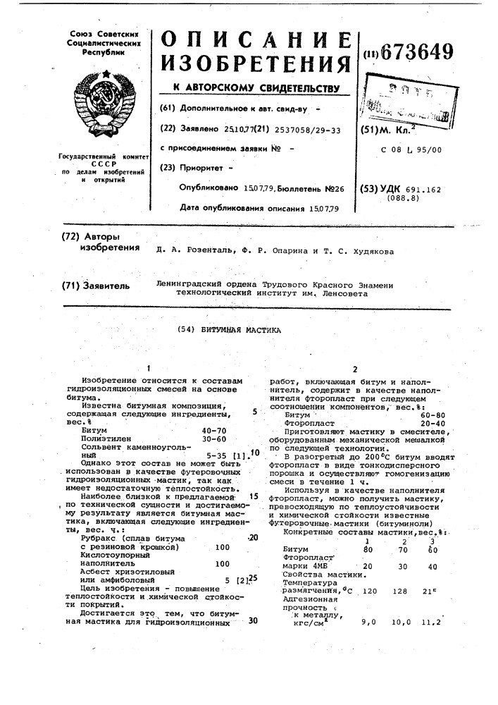 Битумная мастика (патент 673649)