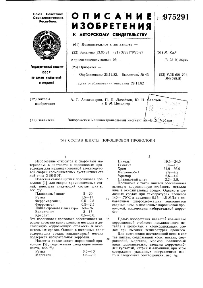 Состав шихты порошковой проволоки (патент 975291)