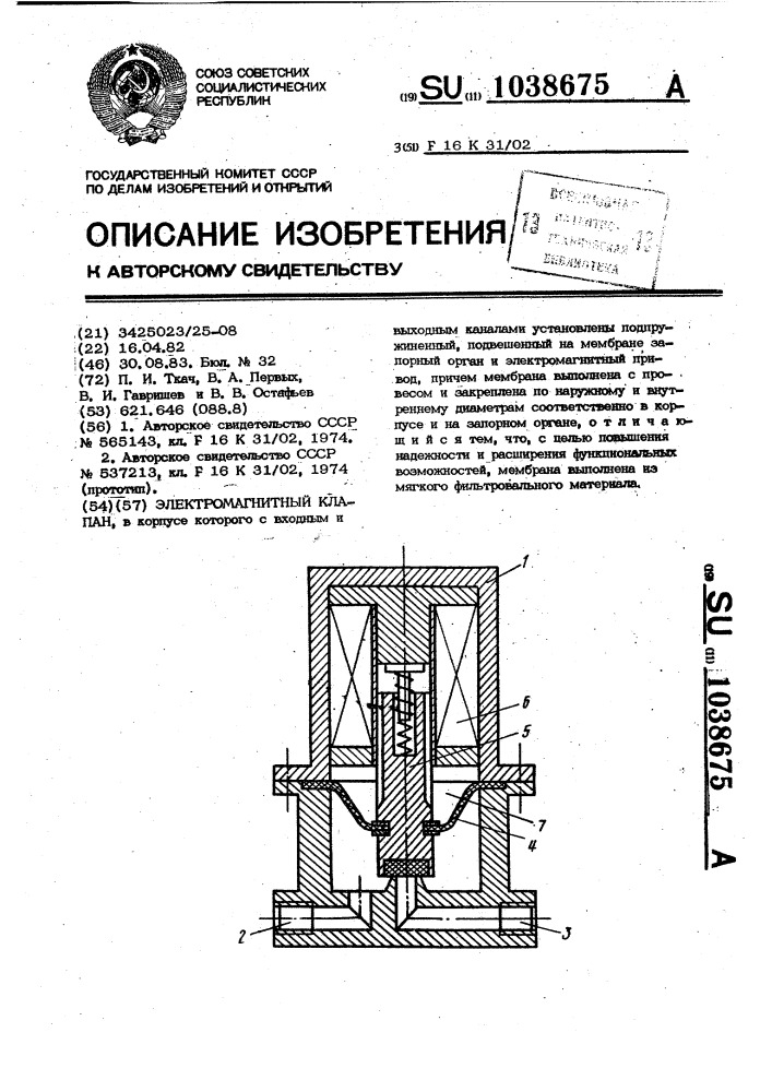 Электромагнитный клапан (патент 1038675)