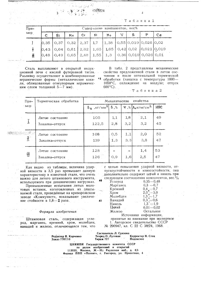 Штамповая сталь (патент 703224)