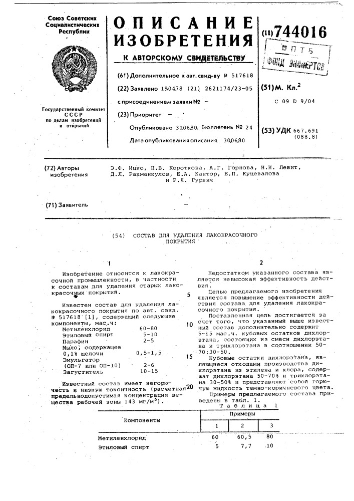 Состав для удаления лакокрасочного покрытия (патент 744016)