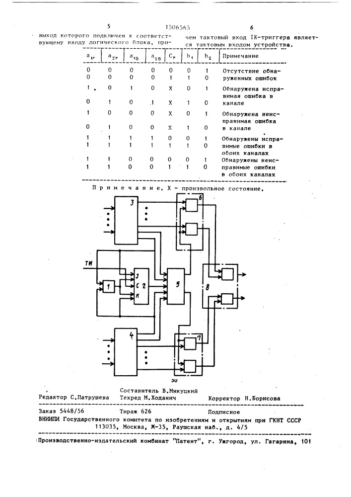 Устройство для приема информации, передаваемой по двум параллельным каналам связи (патент 1506565)