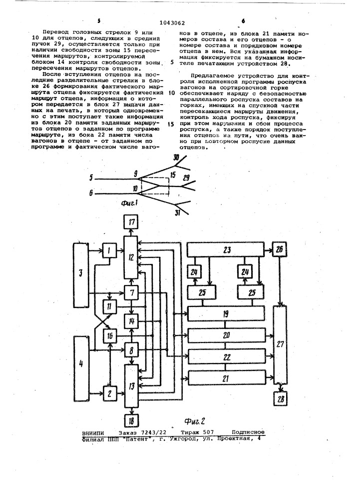 Устройство для контроля исполненной программы роспуска вагонов на сортировочной горке (патент 1043062)