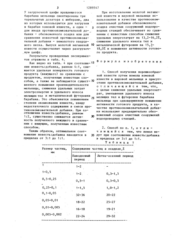 Способ получения порошкообразной извести (патент 1289547)