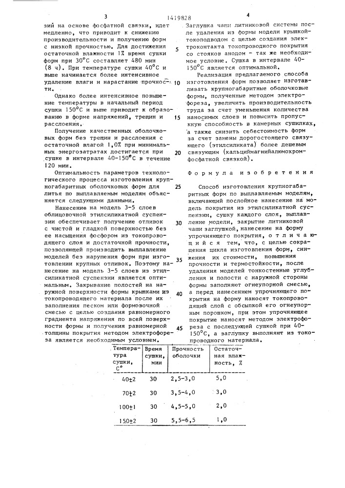 Способ изготовления крупногабаритных форм по выплавляемым моделям (патент 1419828)