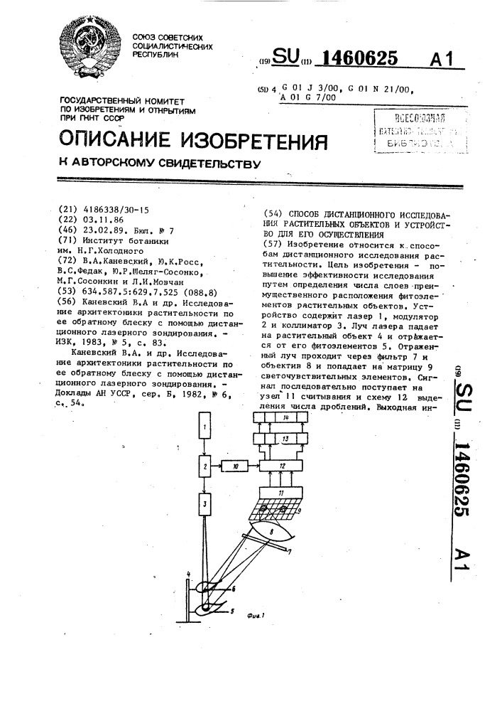 Способ дистанционного исследования растительных объектов и устройство для его осуществления (патент 1460625)