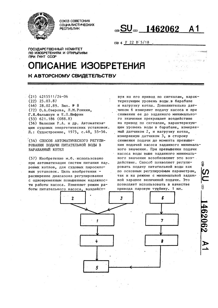 Способ автоматического регулирования подачи питательной воды в барабанный котел (патент 1462062)