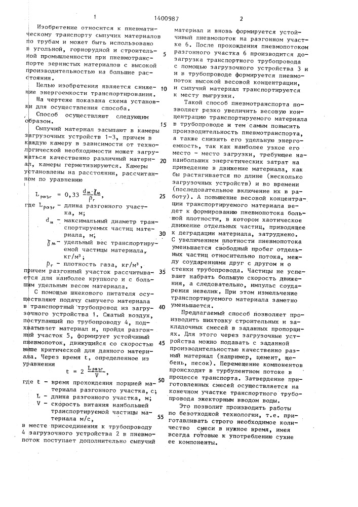 Способ пневмотранспорта сыпучего материала (патент 1400987)