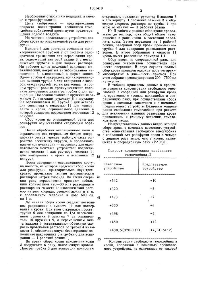 Устройство для сбора крови из операционной раны для реинфузии (патент 1301410)