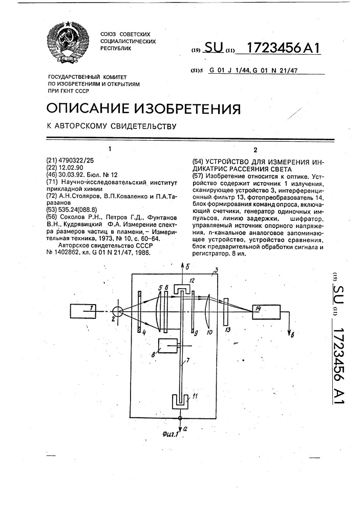 Устройство для измерения индикатрис рассеяния света (патент 1723456)