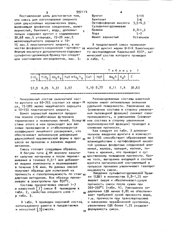 Смесь для изготовления опорного слоя двухслойных керамических форм (патент 992114)