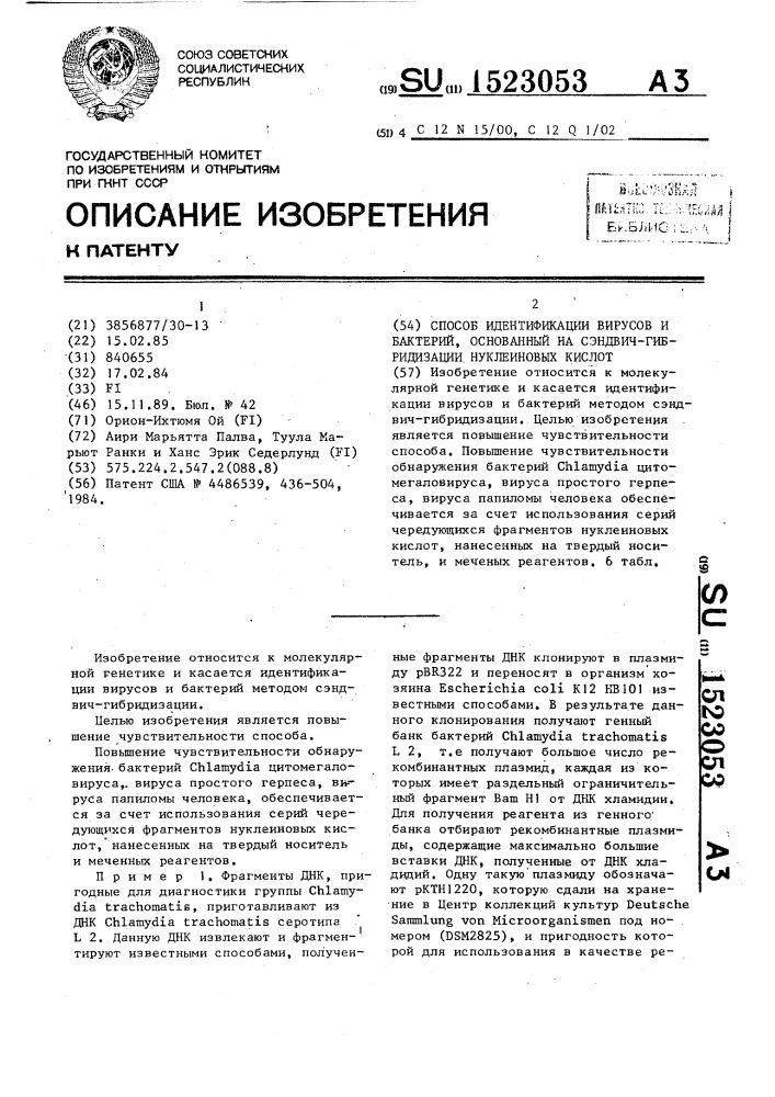 Способ идентификации вирусов и бактерий, основанный на сэндвич-гибридизации нуклеиновых кислот (патент 1523053)