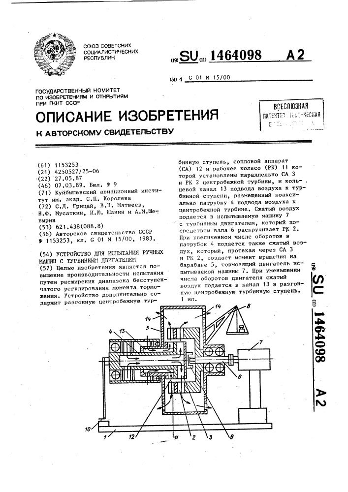 Устройство для испытания ручных машин с турбинным двигателем (патент 1464098)