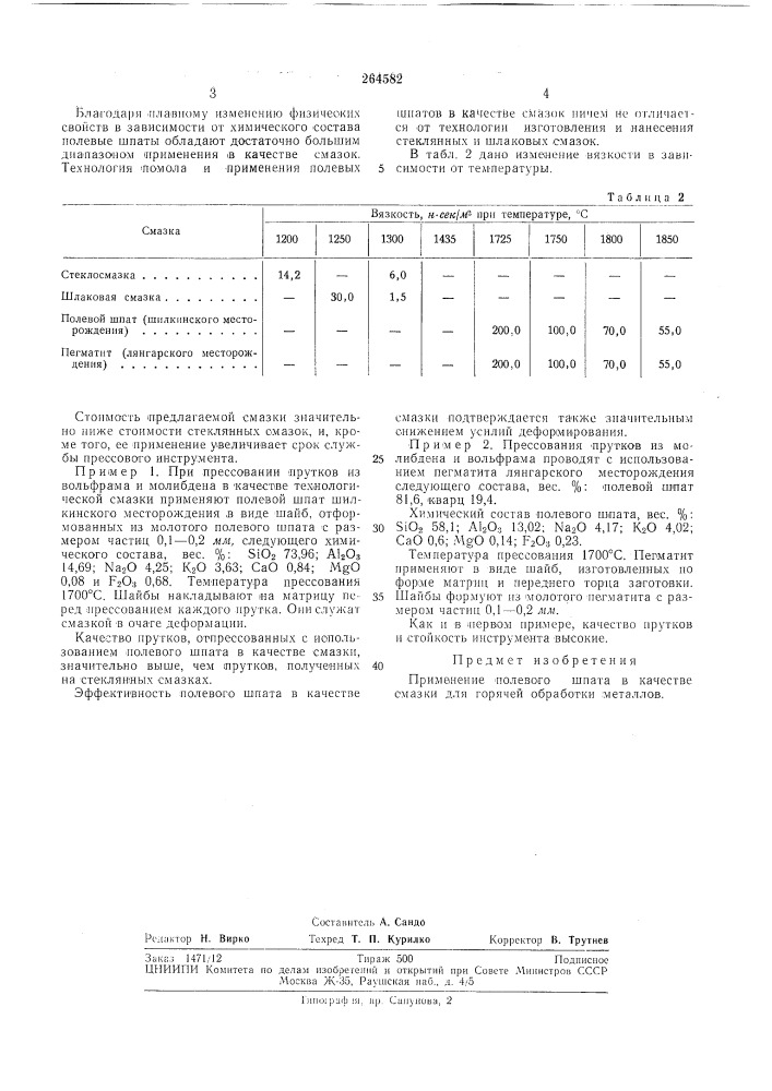 Смазка для горячей обработки металлов (патент 264582)