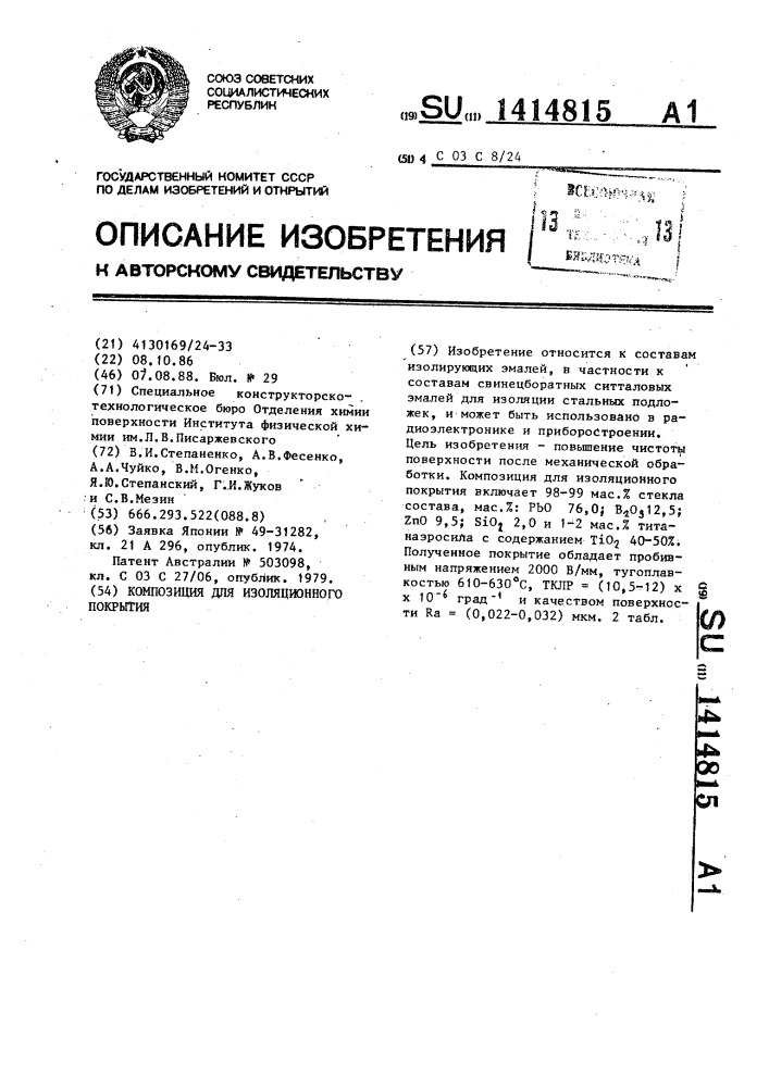 Композиция для изоляционного покрытия (патент 1414815)