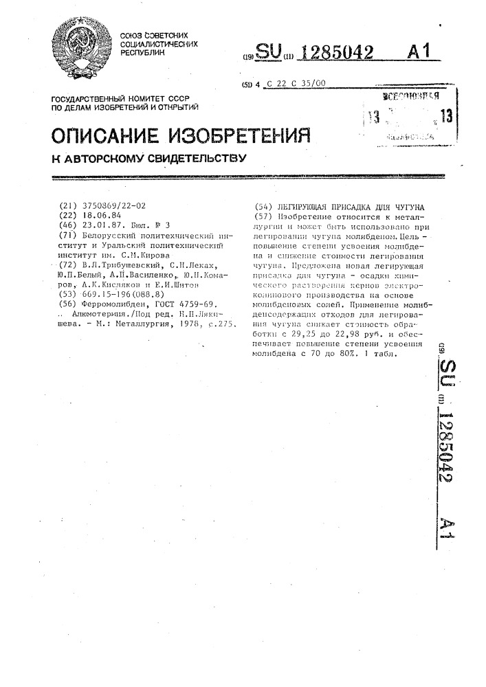 Легирующая присадка для чугуна (патент 1285042)