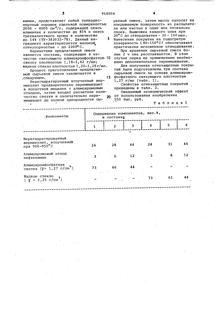 Сырьевая смесь для получения огнезащитного покрытия (патент 968004)